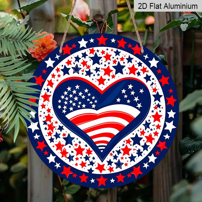2D Flat, 1pc Round Patriotic Aluminum Hanging Sign, USA Flag Heart with Red White Blue Stars Design, Weatherproof Metal Wall Decor, Perfect for 4th