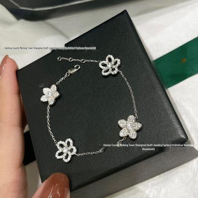 925 Sterling Silver & Gold Floral Diamond Bracelet, Hollowed-Out Five-Point Design, Exquisite Luxury.