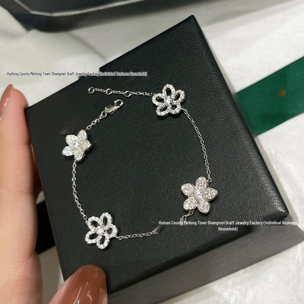 925 Sterling Silver & Gold Floral Diamond Bracelet, Hollowed-Out Five-Point Design, Exquisite Luxury.