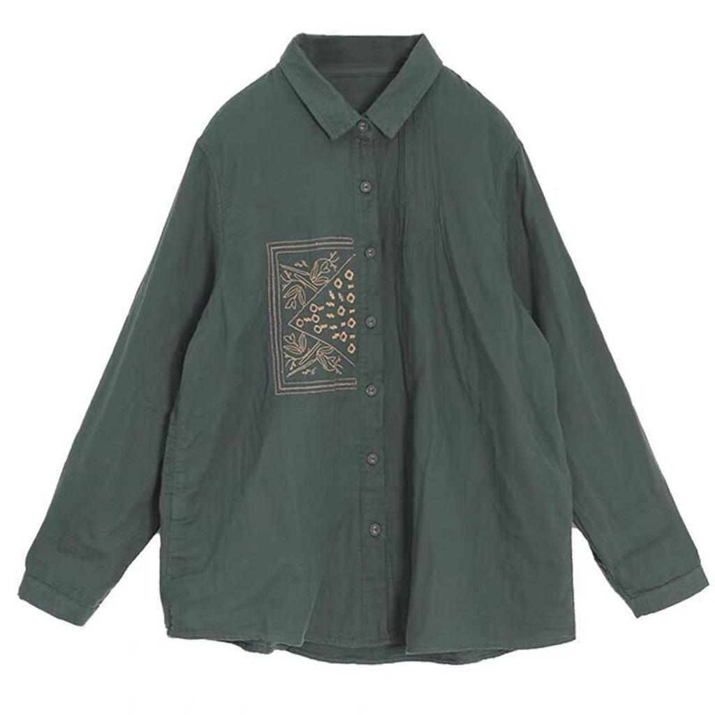 Women's Spring and Autumn Thin Section Lapel Embroidery Cotton and Linen Button Paragraph Casual Comfortable Shirt