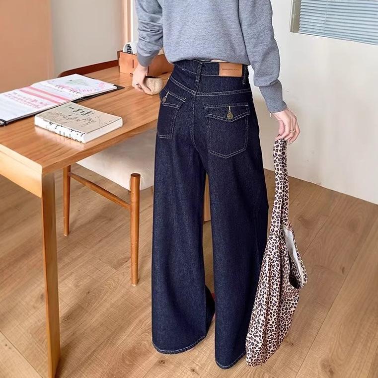 Women's High-Waisted Dark Blue Wide-Leg Jeans - Autumn/Winter Slimming Floor-Length Trousers