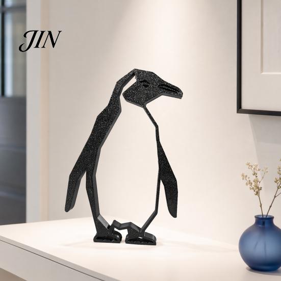 Hollow Design Penguin Geometric Figurine, Black Ornament, 3D Printed Abstract Statue Art for Modern Home Office Desktop Decoration Ornament