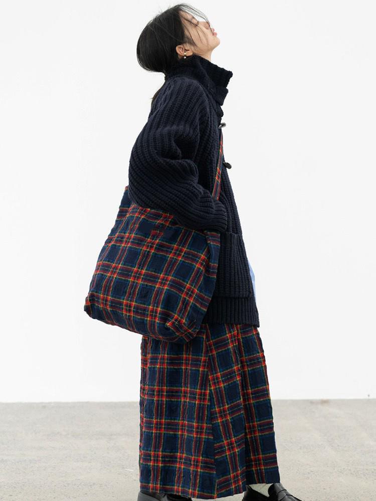 Red & Blue Plaid Wool Crossbody Shoulder Bag - Women's Trendy Two-Way Handbag (2025)