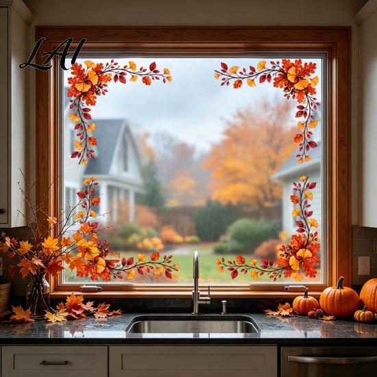 Fall Shop Window Display Harvest Festival Static Glass Sticker Autumn Clings with Maple Leaves Sunflowers And Home Ornaments Berries Prints Reusable