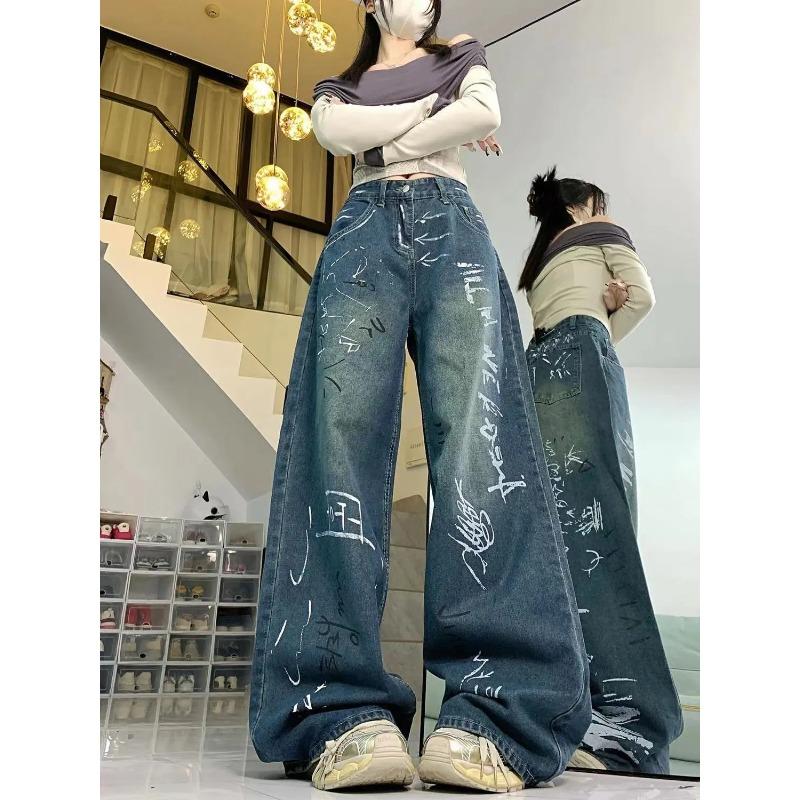 Americké Streetwear Graffiti Široké Džíny pro Ženy Podzim a Zima Trendy Značkový Design Vysoký Pas Rovné Podlahové Kalhoty