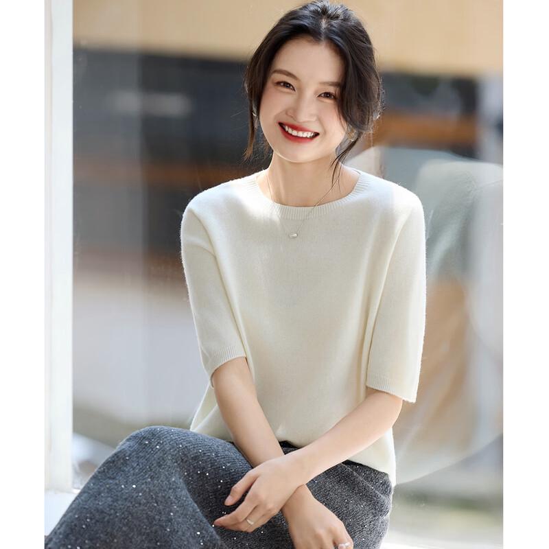 Srcr Women's Cashmere Blend Round Neck Mid-Sleeve Sweater