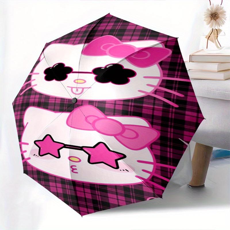 Hello Kitty,Plaid Automatic Folding Umbrella-Simple 8-Rib Design, Bright Cartoon Pattern, Durable Iron Frame, Suitable For Travel, Outdoor,