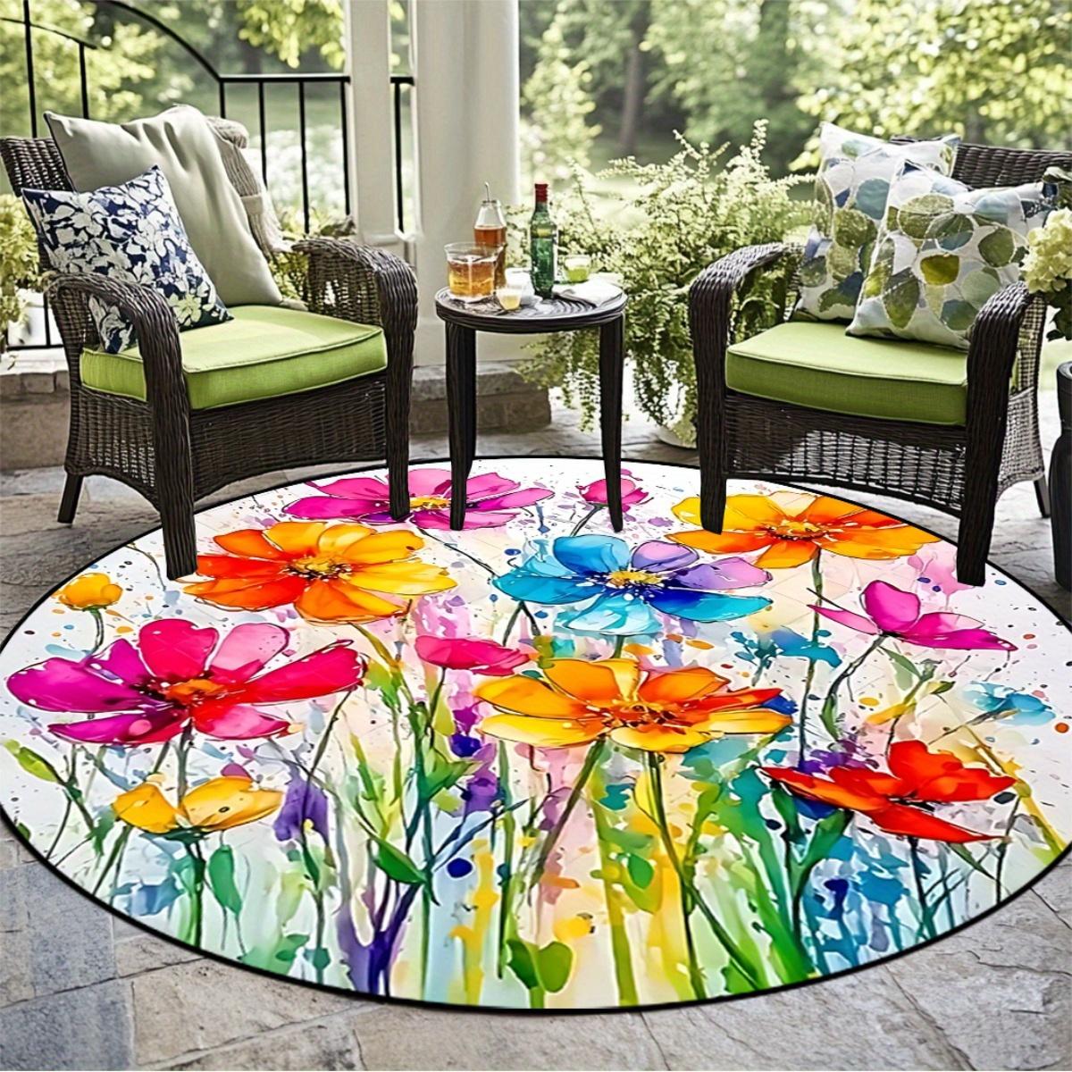 

Яркие Акварельные Цветы Круглый Ковер Декор для Патио, Веранды, Сада Фланелевый Стиль Всепогодный Нескользящий Коврик для Пола Летнее Настроение 60cm