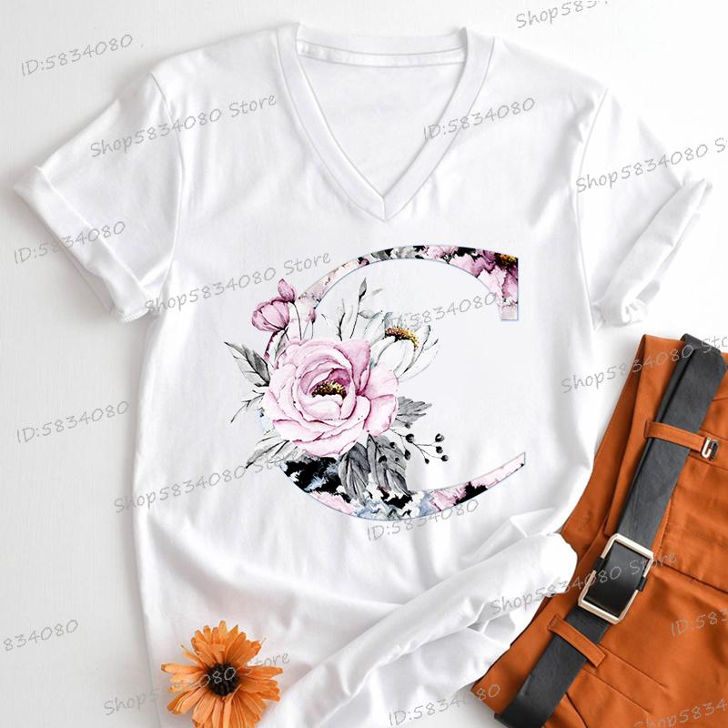 Watercolor Letter C Print Women Vneck Tshirts 26 Initials Flower Retro Classic Tops Alphabet Floral Womens Birthday Gift Tees