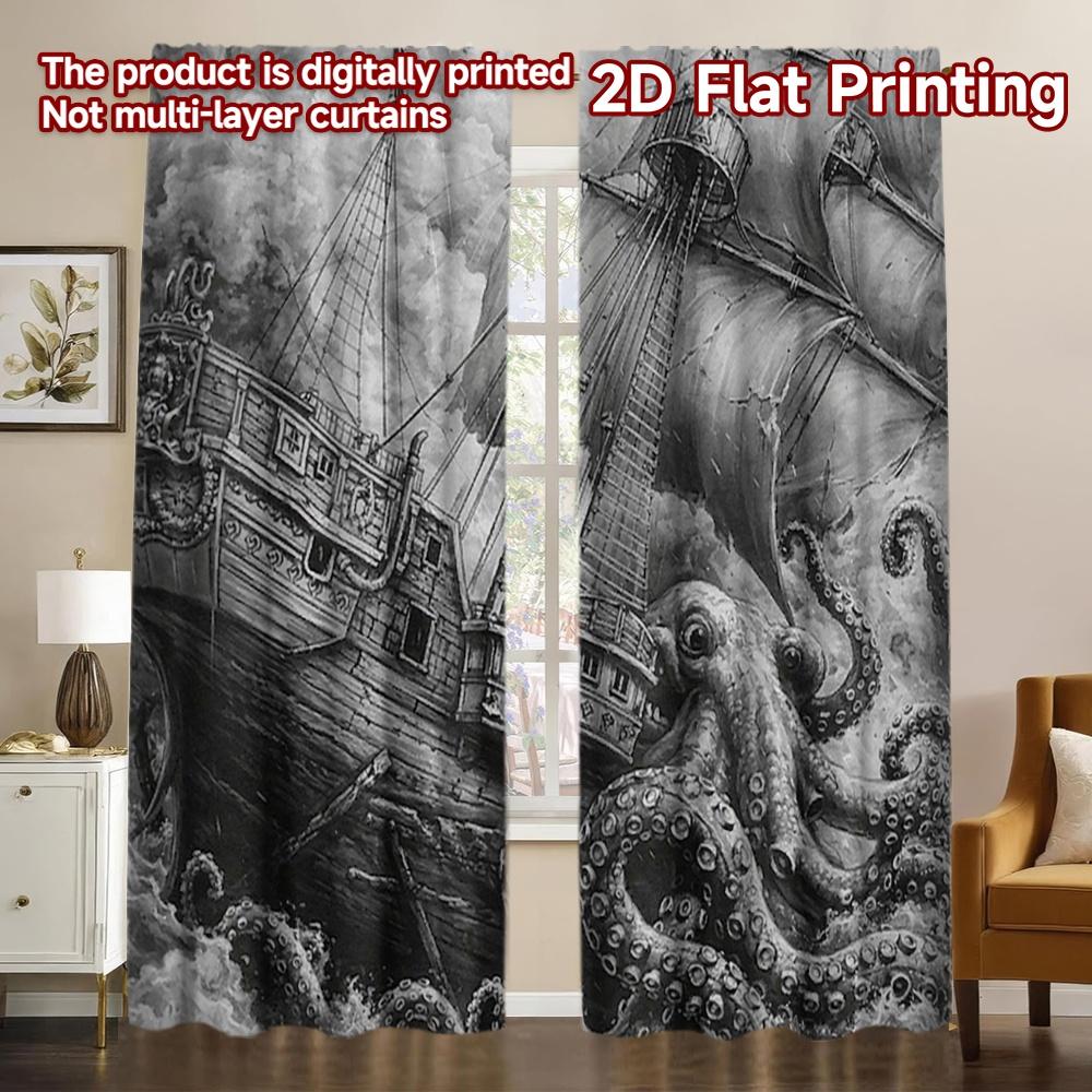 2D FLAT PRINTING 2pcs Curtains (Without Rod) Giant Kraken Attacking Ship Modern Contemporary Curtains Semi-Sheer Curtains 60×150cm