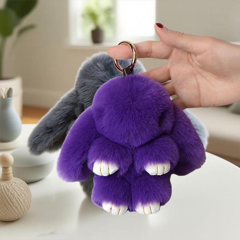 1PC 15CM Llavero de Conejo de Dibujos Animados Anillo Pompon de Piel Genuina Esponjoso Conejito Adorno Llavero Encanto Llavero Lindo en Bolso Colgante para Llaves del Coche