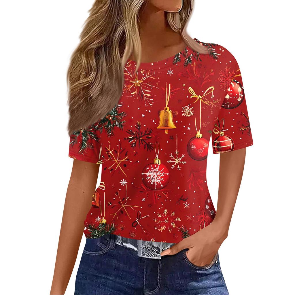 Women's Fashionable Casual Short Sleeve Christmas Print Round Neck Pullover Top