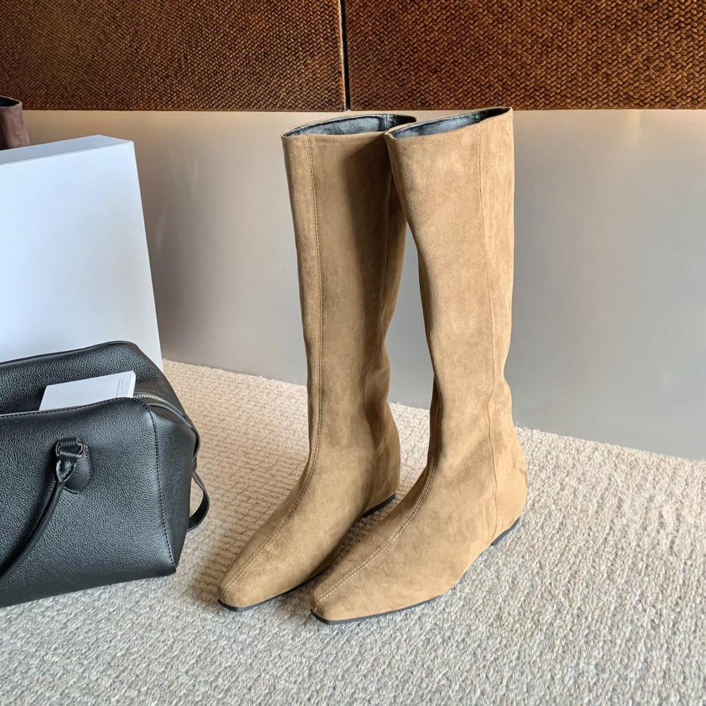 Sheepskin version inner heightening boots women's 2025 new autumn and winter suede tall knight boots elastic thin long boots