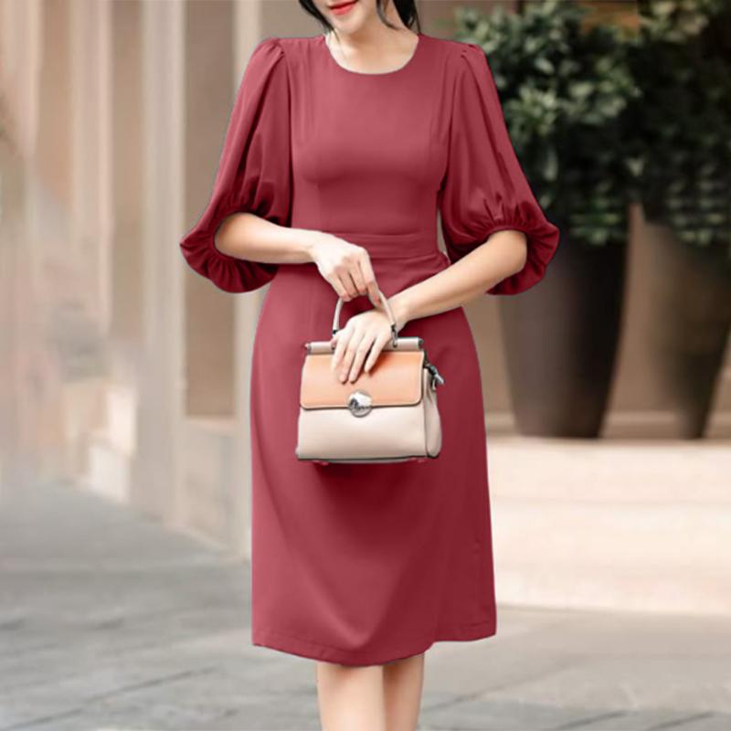 

ZANZEA Women Casual Round Neck Lantern Sleeve Elegant Dress S