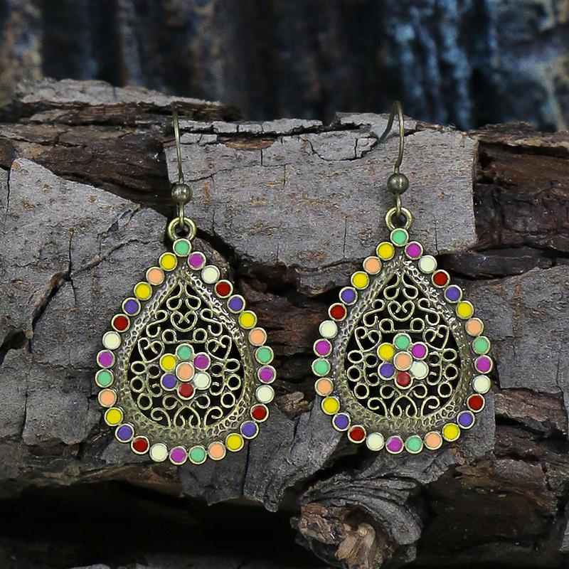 Ethnic Boho Colorful Enamel Earrings For Women Bomemian Retro Hollow Flower Round Geometric Vintage Drop Dangle Earrings Jewelry