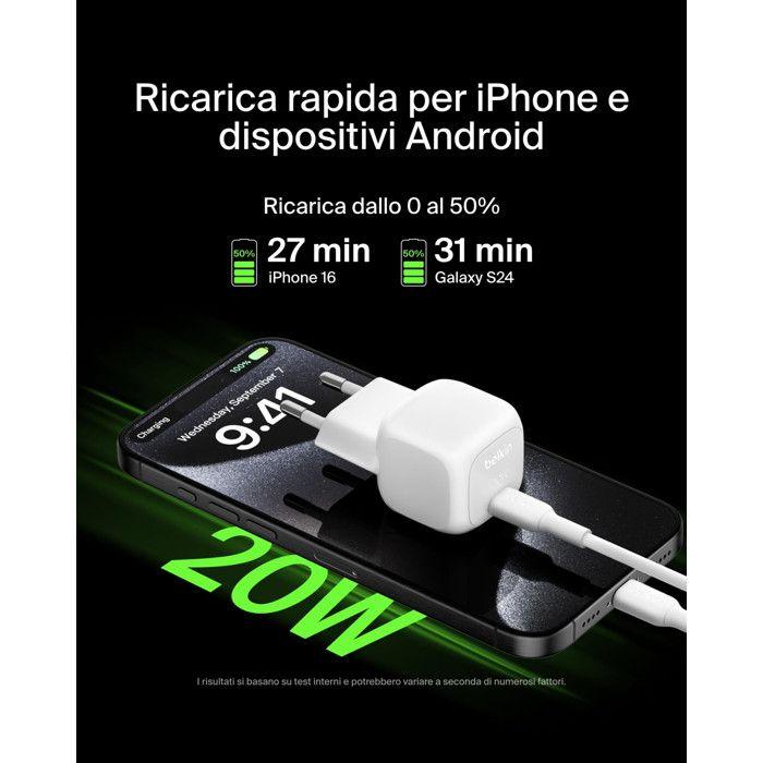 Belkin Caricabatteria Da Parete USB-C 20W Compatto Ricarica Rapida Bianco