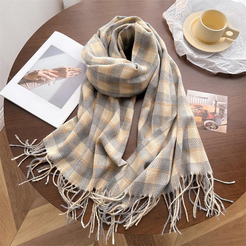Korean Version Plaid Scarf Winter Male And Female Students Scarf Thickened Warm Outer Shawl Tassel Korean Imitation Cashmere Scarf