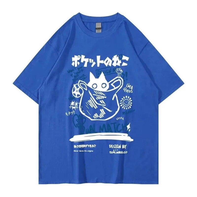 Unisex Women Cotton T-Shirt Japanese Kanji Funny Cat Printed T Shirt Harajuku Casual Short Sleeve Tshirt Streetwear Trend Tee Tops