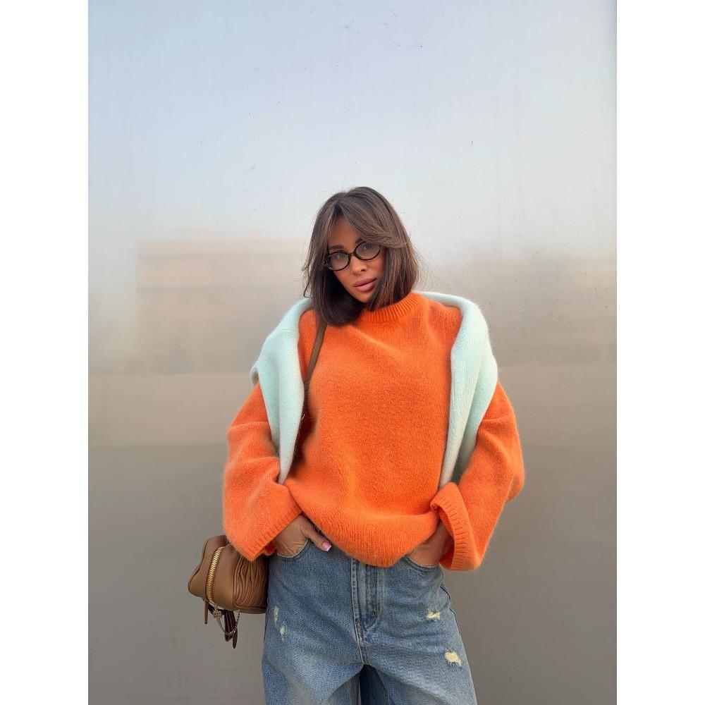 Fauler Stil Rundhals Faux Nerz Pullover Damen Frühling Herbst Locker Gestricktes Oberteil Premium Langarm Pullover