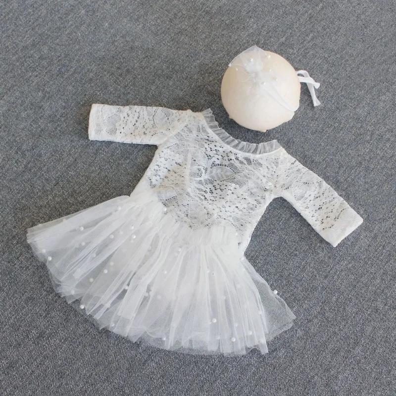Short Sleeve Baby Lace Jumpsuit Pearl Skirt Set Baby Photography Clothing Infant Studio Shoot Posing Wear Photo Shooting Props