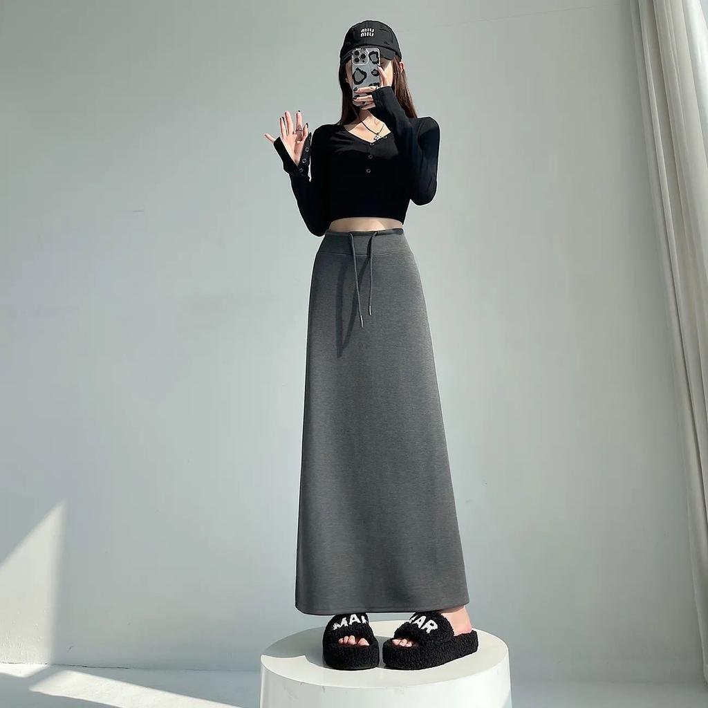 Rock mit geradem Schlitz Hohe Taille Neuer Stil Elastisch Schlank Herbst Kordelzug Lässiger Langer Rock