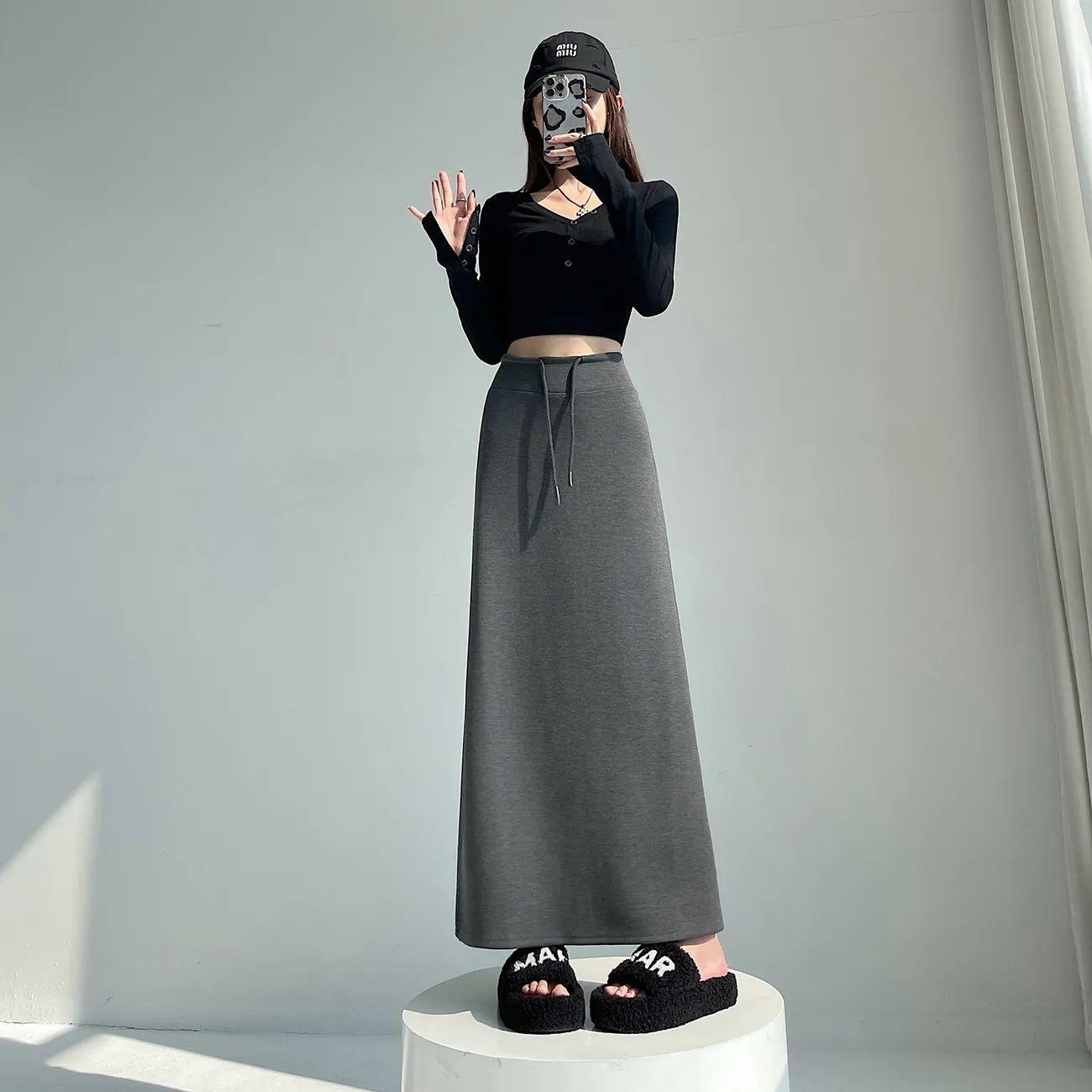 

Юбка с прямым разрезом, завышенной талией, нового стиля, эластичная, облегающая, осенняя, на кулиске, повседневная длинная юбка S серый