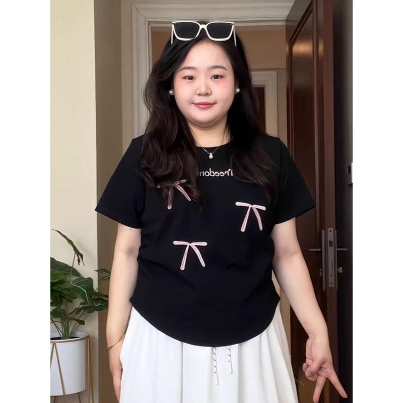 

Plus-Size Women s Gray Bowknot Embroidered Short-Sleeve T-Shirt, Summer New Style, Slimming Korean-Style Top for Women Black Top(High Quality) 3XL(Suggestion 90-100kg)