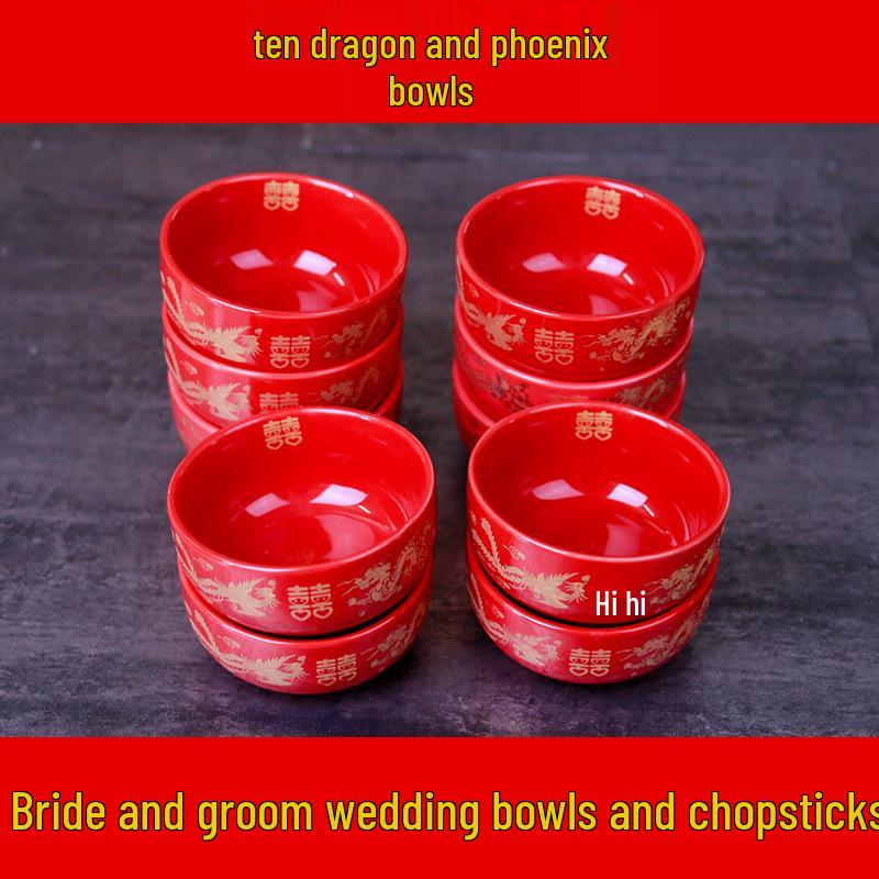 Festive Newlywed Ceramic Bowl & Chopstick Set: Happy Bowls & Red Soup Spoon for Wedding Banquet Tableware