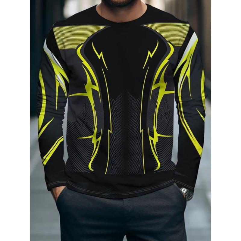 Autumn and Winter Men's Variegated 3D Printed Crew Neck Long Sleeve T-Shirt