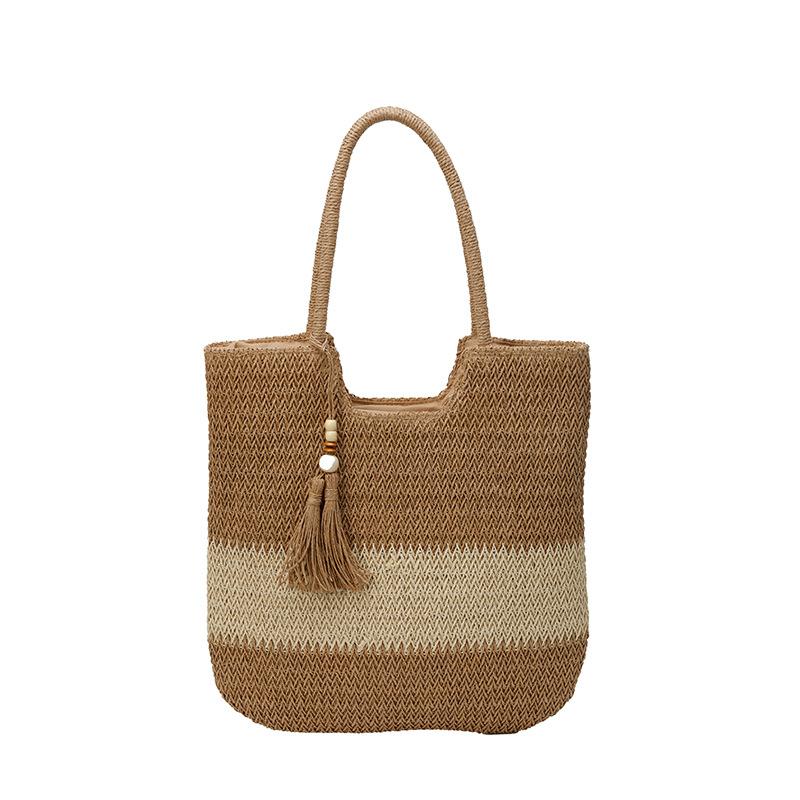 Fashion retro beach vacation woven contrasting color women's tote bag new versatile women's shoulder handbag