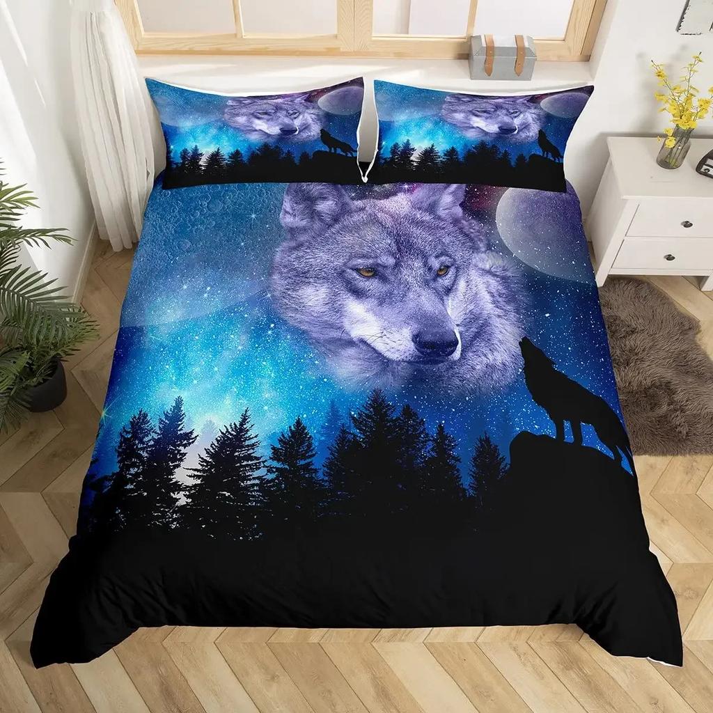 Wild Magical Wolf Bedding Set Wolf Howling 3Pcs Sets For Boys Vintage Oil Paint Wild Animal Single/Twin/Queen/King Size
