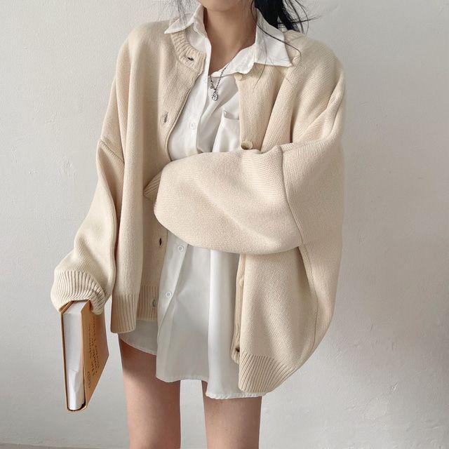 Long Sleeve Loose Knit Cardigan - Women's Versatile Retro Sweater, Round Neck, Lazy Style for Spring & Autumn