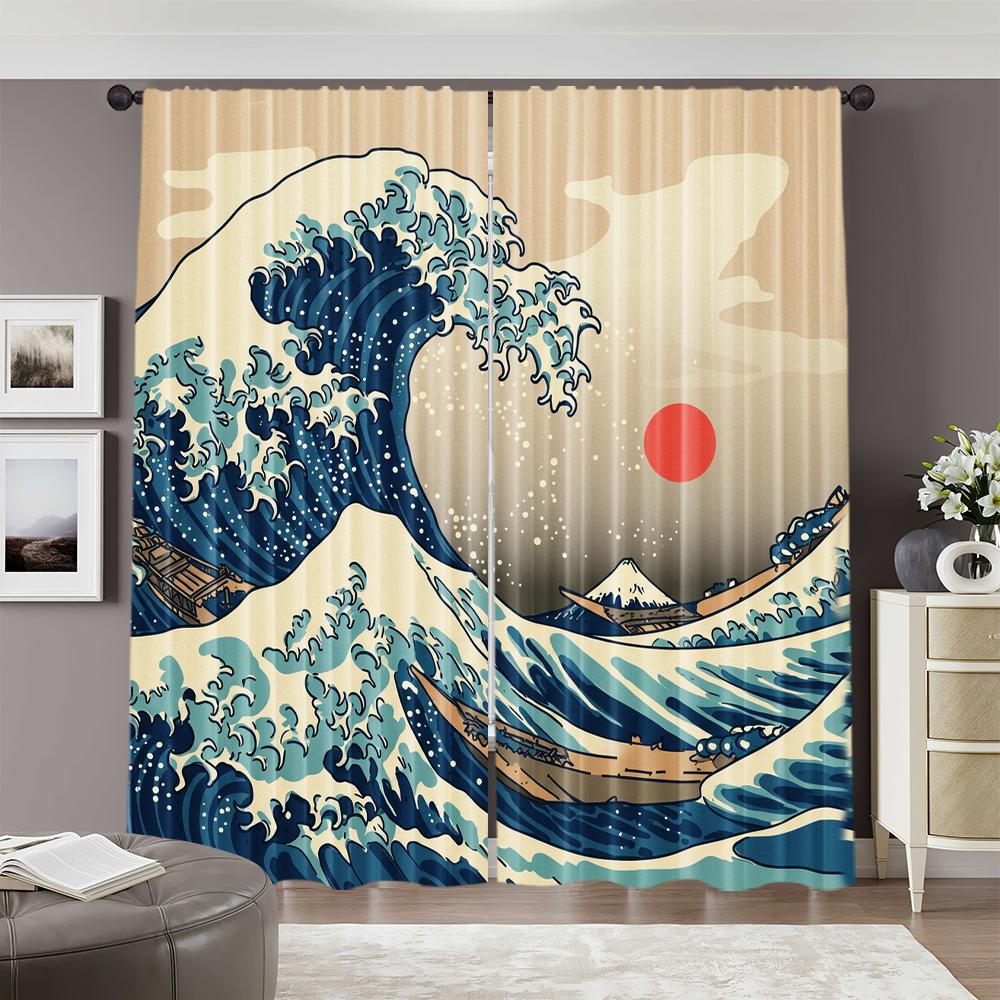 2pcs   Spring Summer Curtains Japanese Wave Art Art Digital Print Drapes Fabric Gifts for Bedroom & Living Room - Contemporary