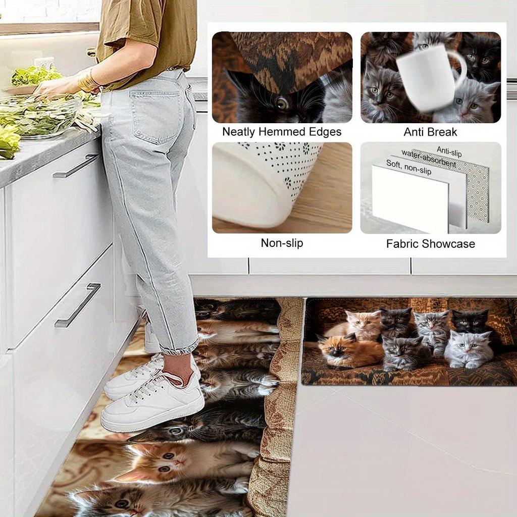 Non-Slip Waterproof Kitchen Mat with Kitten Print - Thick Cushioned Anti-Fatigue Comfort, Heavy Duty, 60cm X 180cm