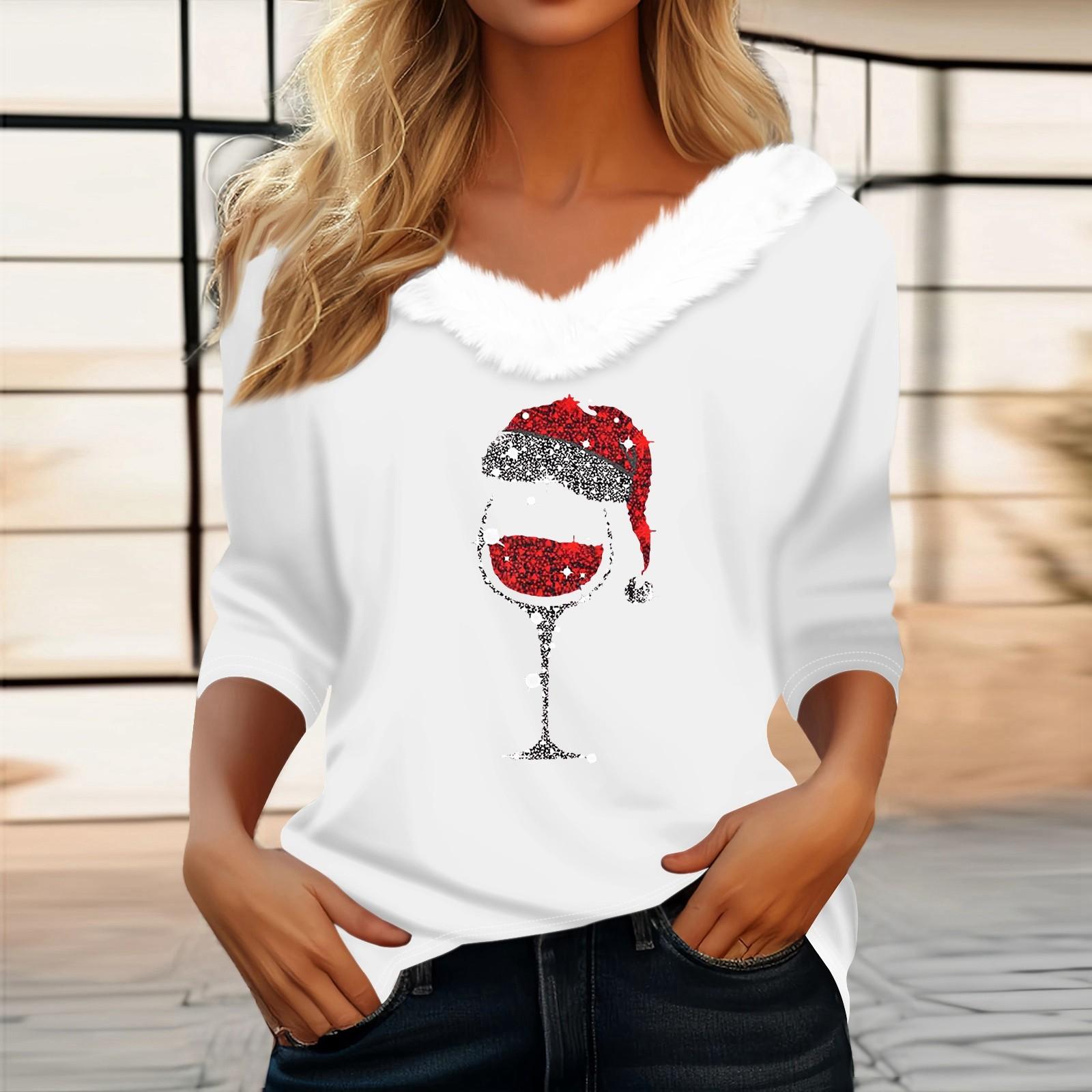 

Женская футболка с рождественским принтом, флисовый воротник с рукавом три четверти и V-образным вырезом на рождественской вечеринке XL белый