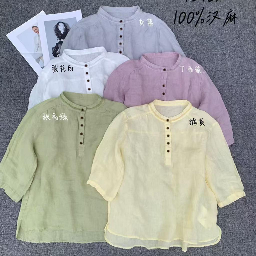 1116 Summer New Women's Crew Neck Japanese Hemp Top Shirt Loose Shirt Top Semi-Cardigan Literary Style