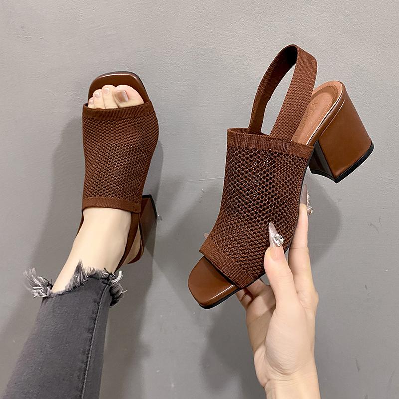 Summer    High Heel Sandals Knitted Breathable Block Heel Sandals  Brown Comfortable Women s Shoes 35