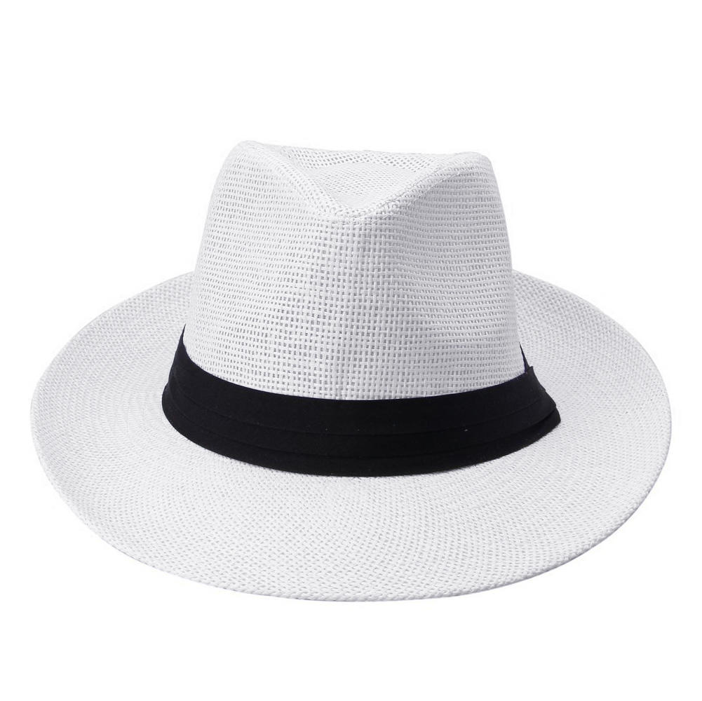 Fashion Men Women Panama Sun Straw Hat Contrast Ribbon Pinched Crown Rolled Trim Beach Cap