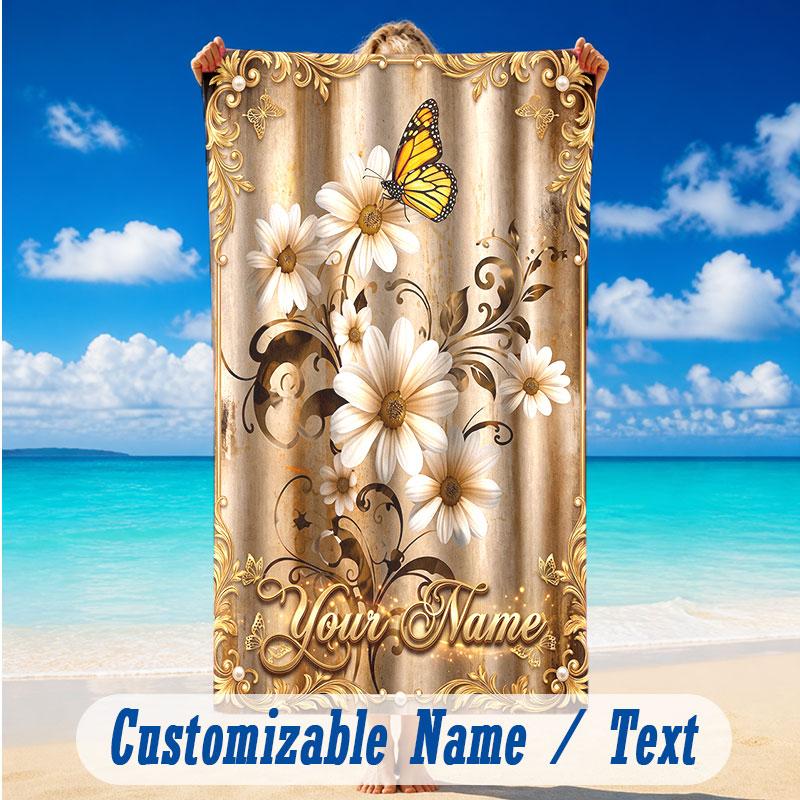Butterfly Theme Beach Towel Personalized Custom Name & Text Soft Quick Dry Beach Towel for Swimming Travel