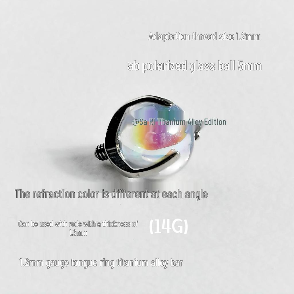 F136 Titanium Alloy 14g Iridescent Glass Spike Tongue Stud with Internal Thread