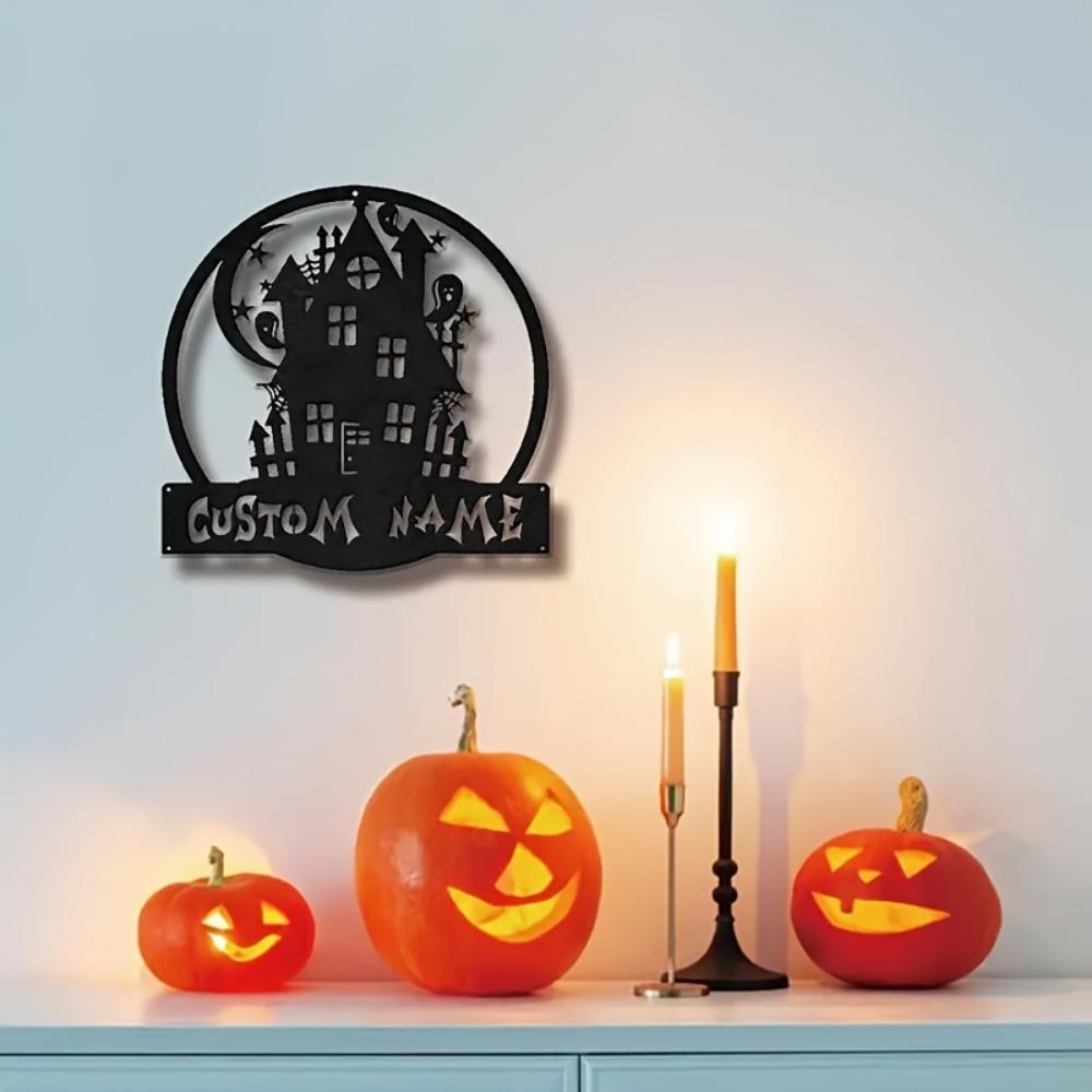 Bohemian Style Halloween Haunted House Metal Sign Personalized Surname Door Hanging Special Occasions