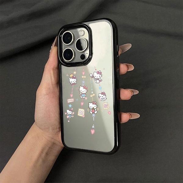 Black Frame Cartoon Kitty for iPhone 17 Pro Max, 16, 15 Pro, 14, and 13 - Cute Acrylic Design