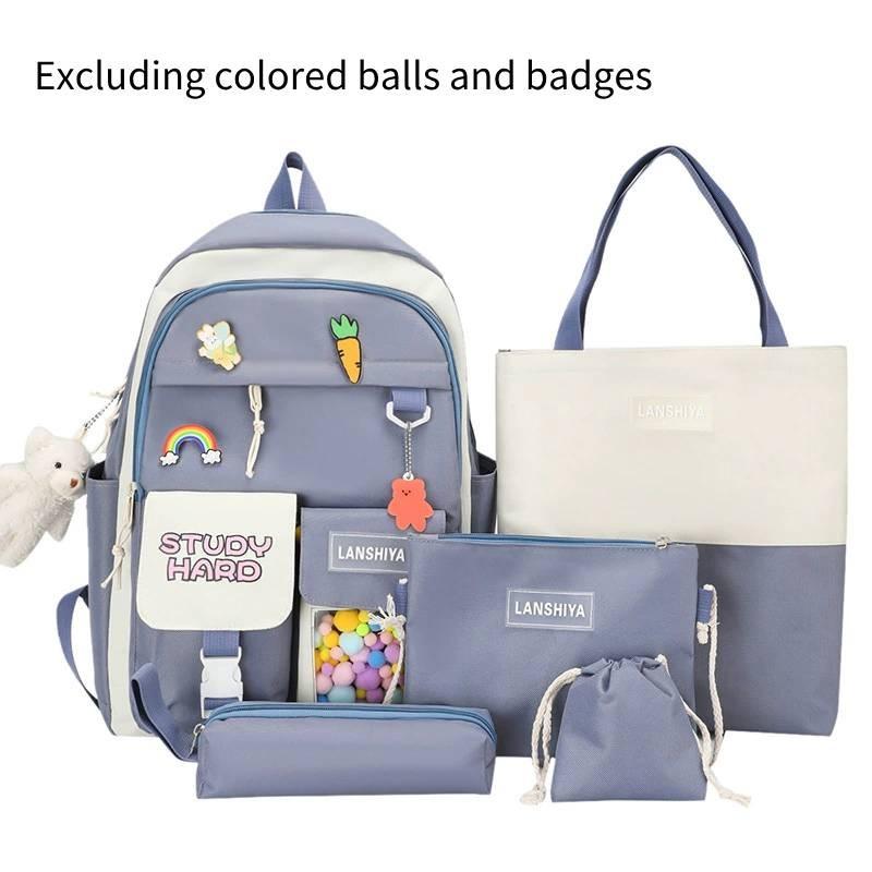 

School Backpack Five Piece Set With Color Blocked Letter Print For Middle School Students синий