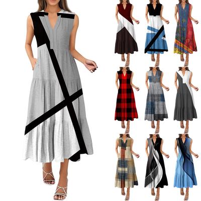 Women's Fashion Summer V-Neck Sleeveless Patchwork Printed Pleated Dresses