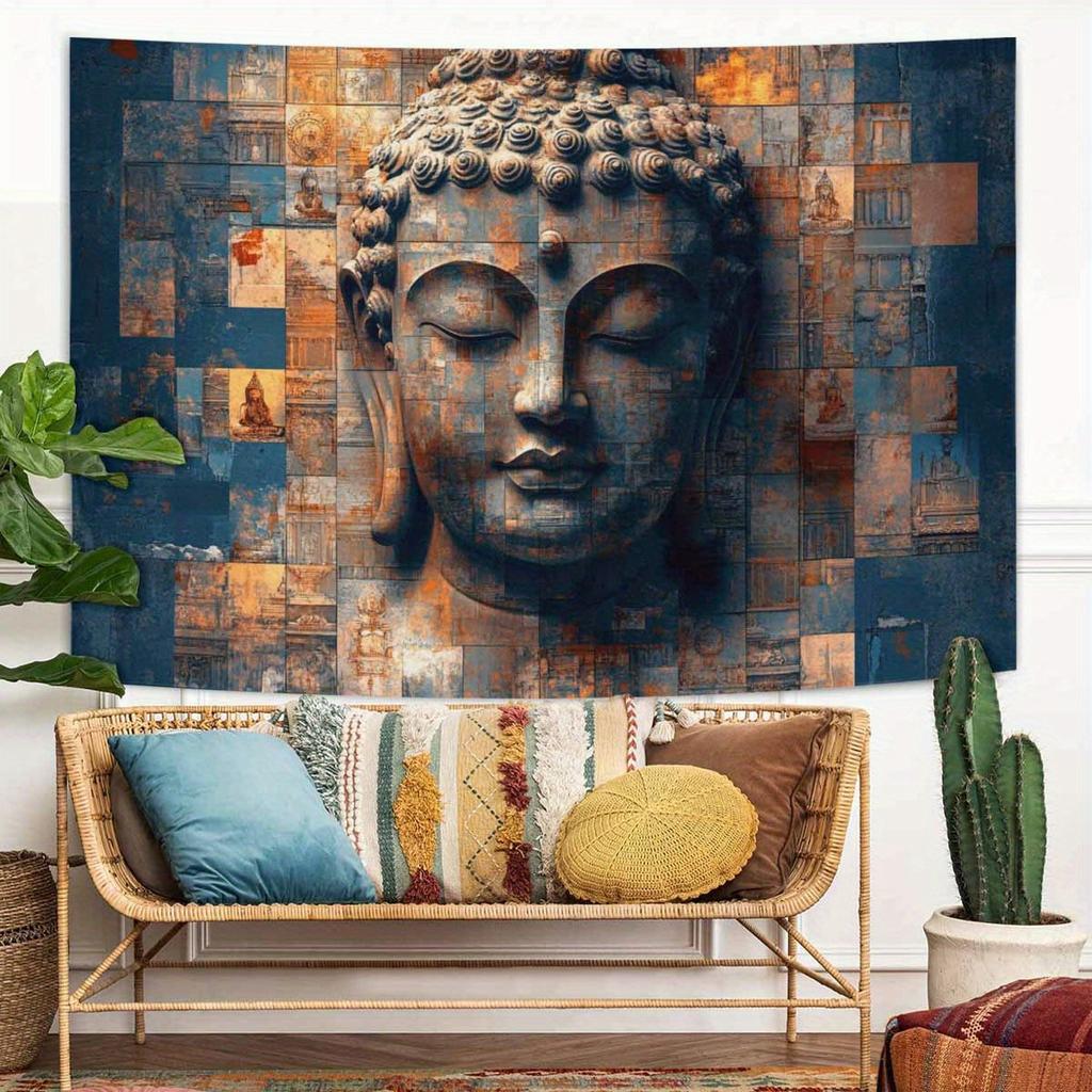 Buddha Head Mosaic Background Pattern Tapestry 2D Elegant Peach Skin Tapestries Versatile Decorative Decor Tapestries  Ideal