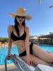 Textured Wave Stripe Small Black Bust-Gathering Three-Piece Bikini Set - Sexy Blue Women's Swimsuit for Pool and Beach.