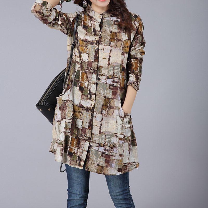 

Cotton Fashion Women Blouse Autumn Long Sleeve Vintage Casual Printed Shirt M кофейный
