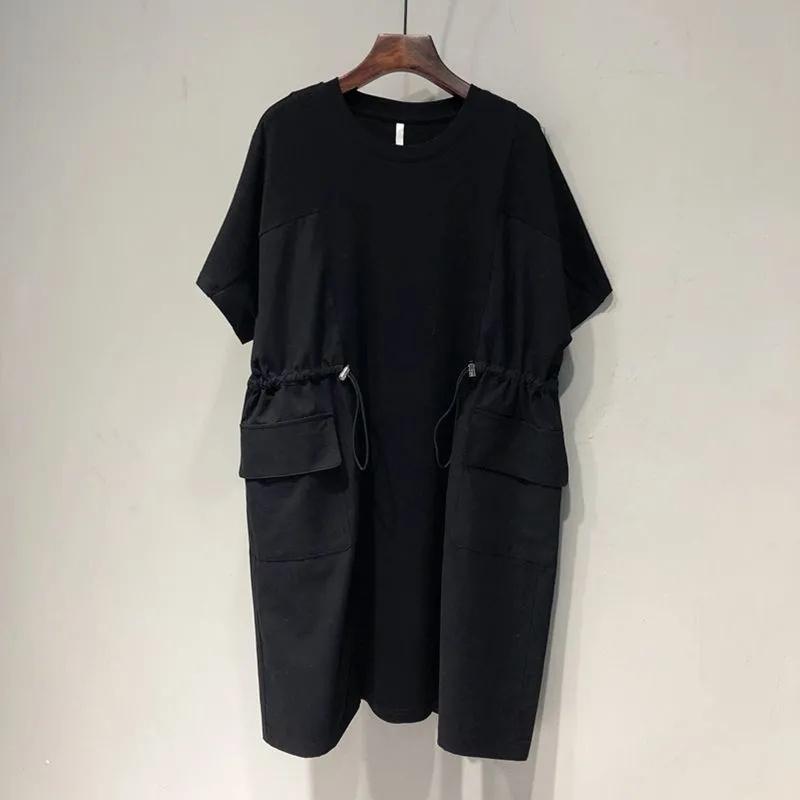 Women Dresses Fat Extra Large Size Drawstring Waist Stitching Short Sleeve Dress Female Summer Loose Clothing