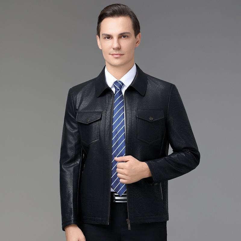 

Men s leather jacket autumn and winter young and middle-aged casual zipper lapel solid color thick coat men s leather jacket trend 195