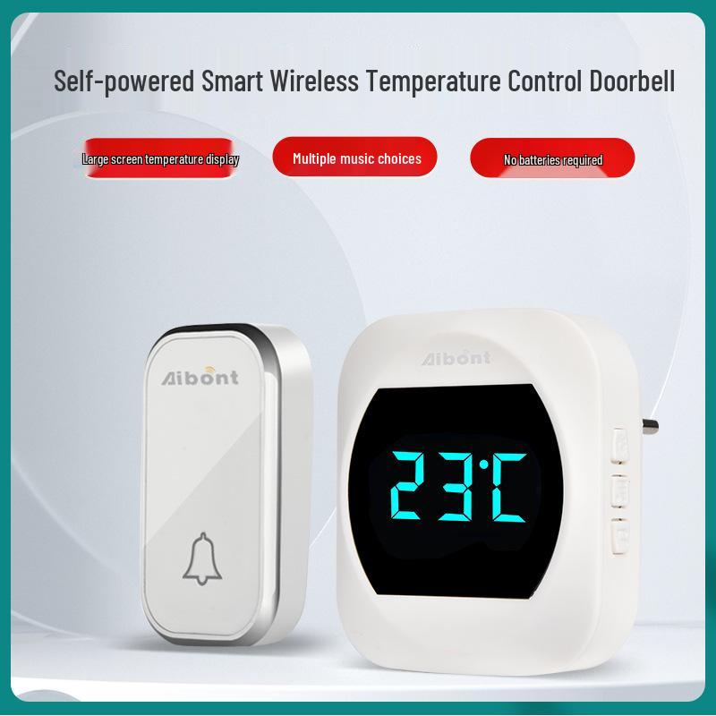 Smart Wireless Doorbell with Temperature Display & Long-Distance Remote for Elderly Care White, Temperature Display